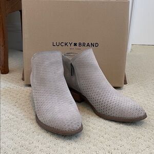 Lucky Brand “Chinchilla” Taupe Perforated Suede Ankle Bootie - Size 8